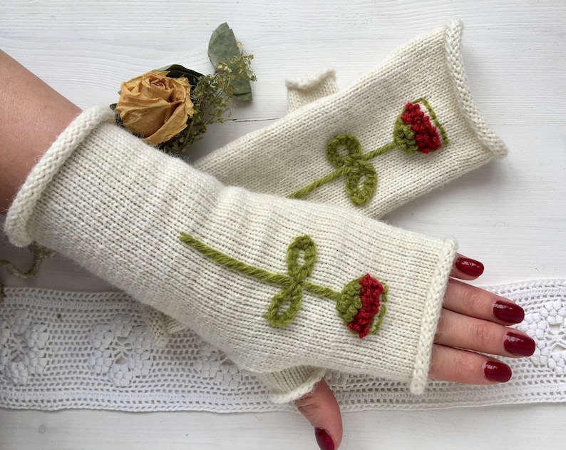 Long embroidered mittens Long gloves fingerless Long knitted image 0