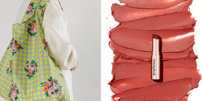 Side by side of model holding standard Baggu and Goop Lip Balm on a lip stained background.