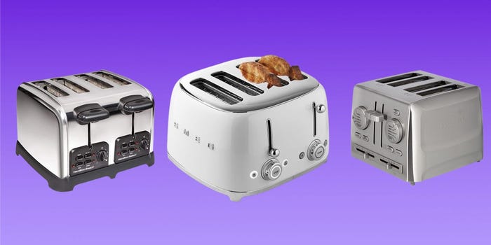 The Hamilton Beach, Smeg, and Cuisinart toasters are displayed against a purple background.