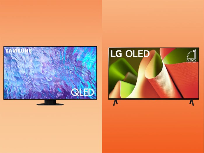 A Samsung QLED TV next to an LG OLED TV on an orange gradient background.