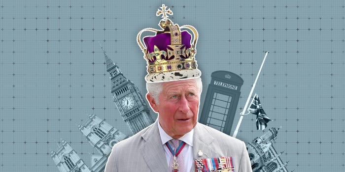 a collage of King Charles III with British symbols in the background