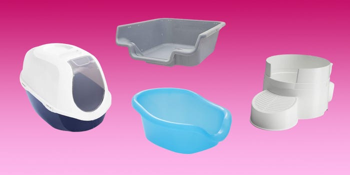 Four litter boxes from Frisco, KittyGoHere, Smart Cat, and Boxscoop are on a pink gradient background.