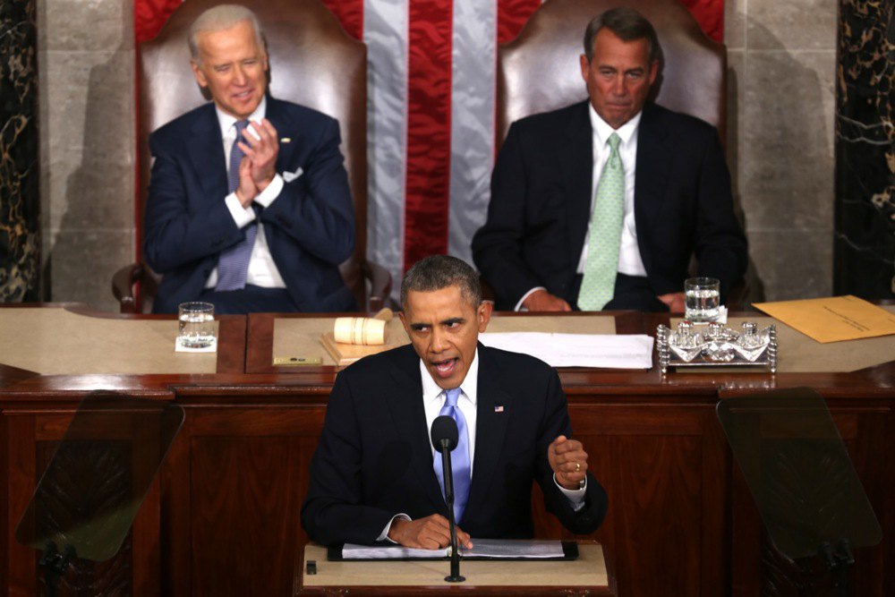 Президент США Барак Обама виголошує промову перед засіданням Конгресу США в Капітолії, Вашингтон, 28 січня 2014 року.