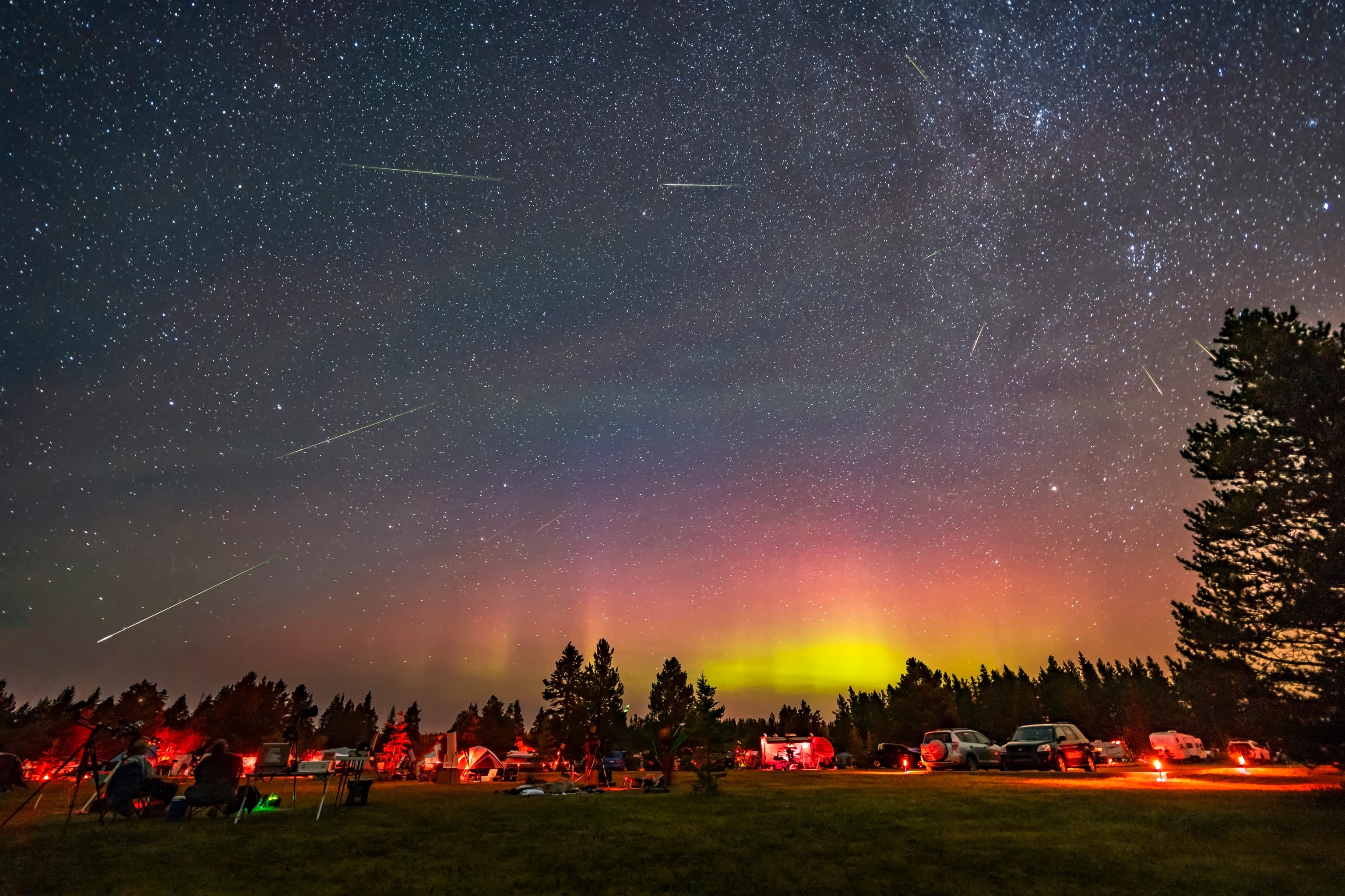 Perseid meteor shower over the Saskatchewan Summer Star Party, with an aurora as a bonus