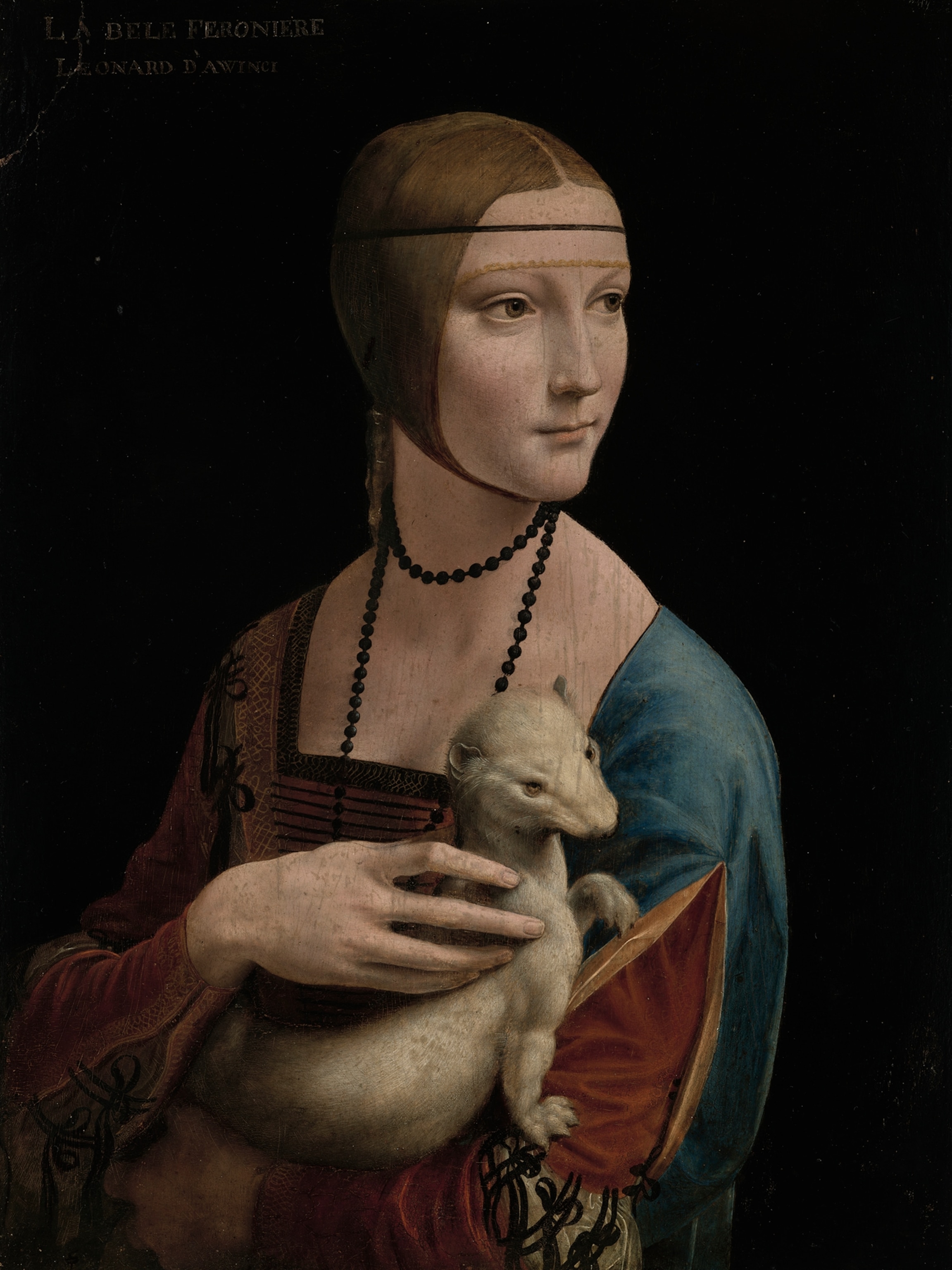 A painting of a woman holding an ermine in front of a dark background.