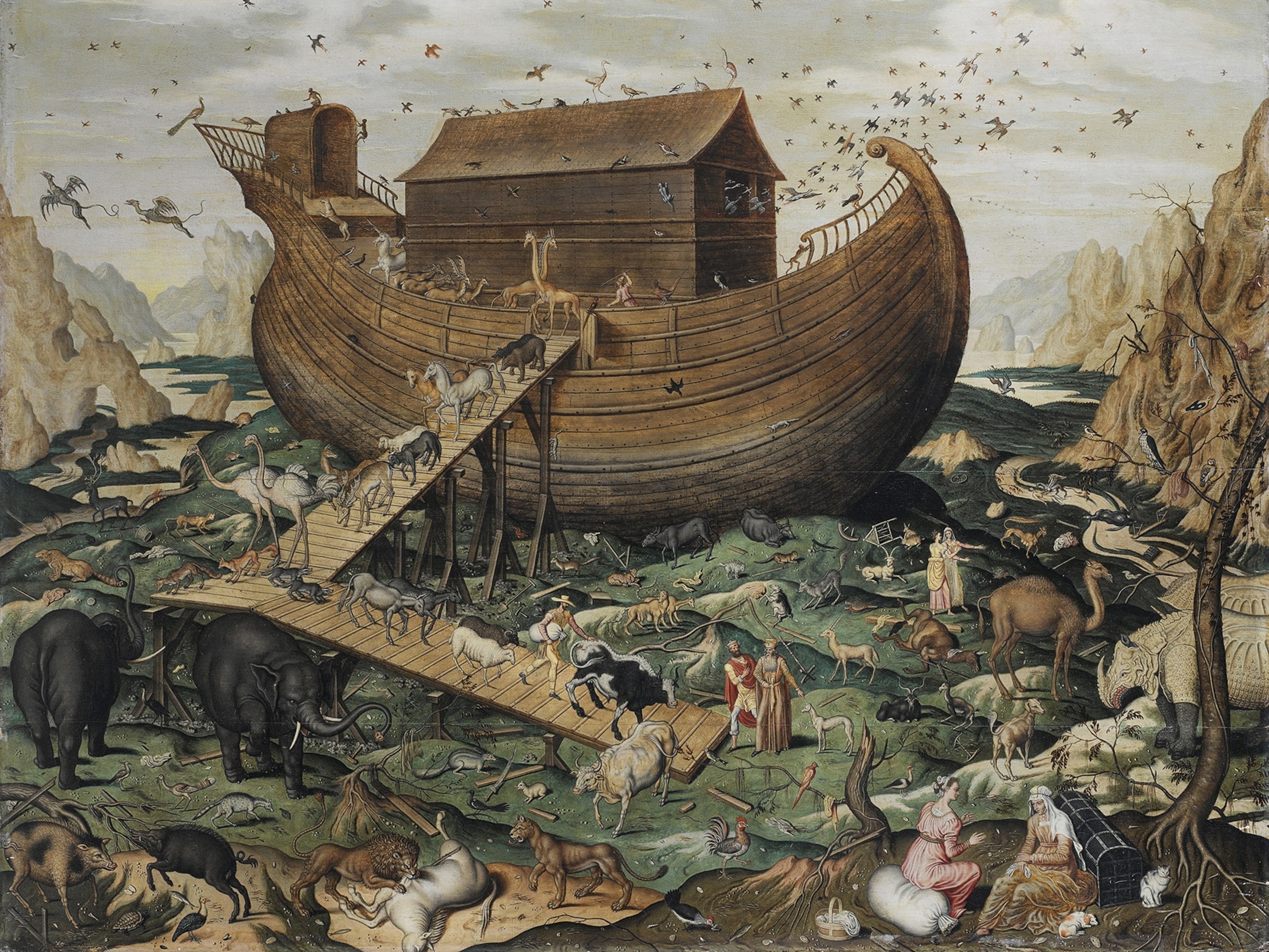 Noah's Ark on Mount Ararat with animals flooding out.