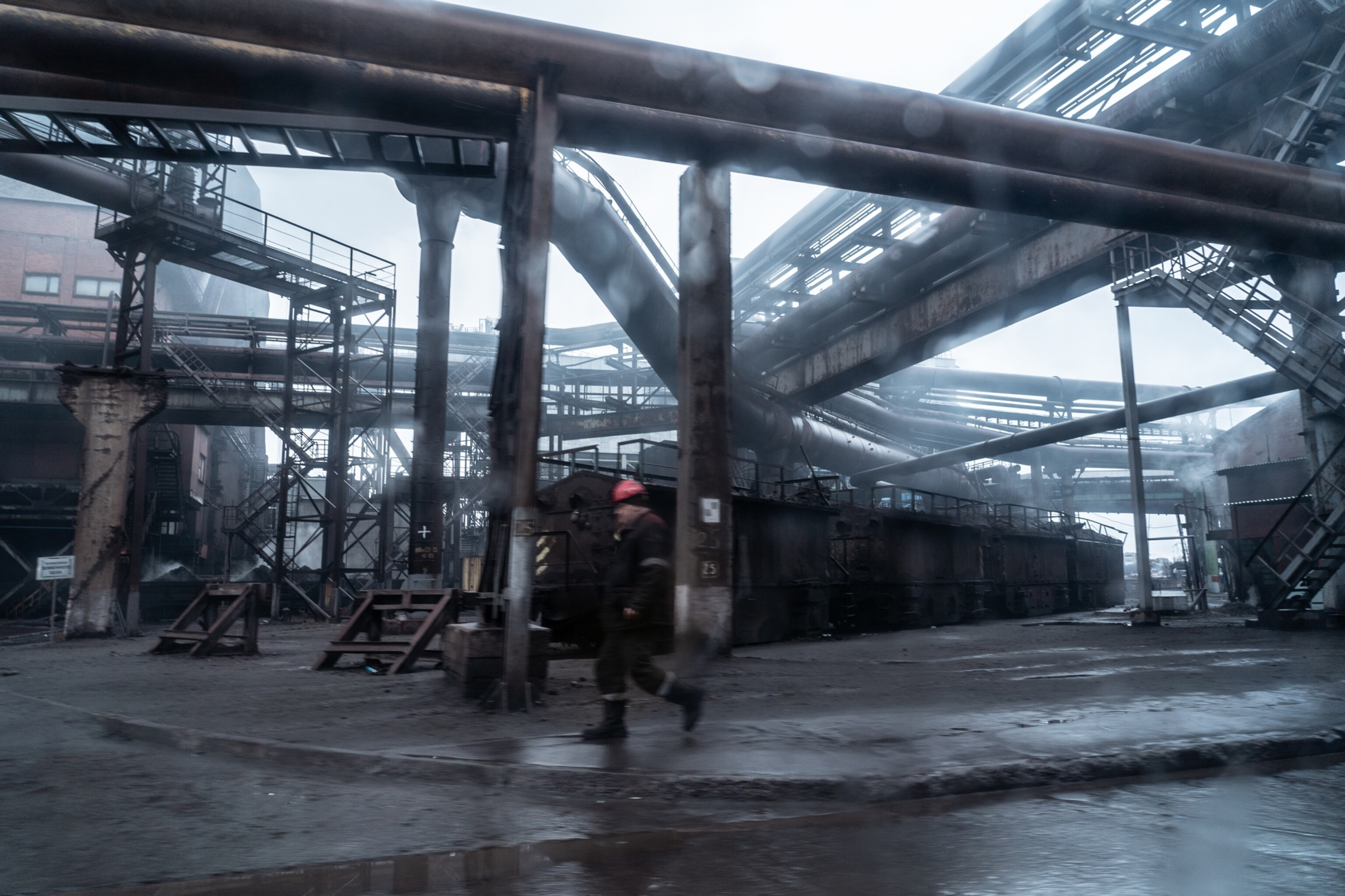 a rainy view inside a industrial plant