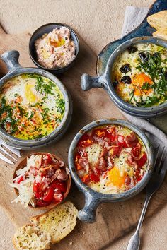 Three soup bowls full of vegetables and baked eggs with toast alongside and toppings Breakfast Recipes, Air Fryer Recipes, Fryer, Baked Eggs, Baked Eggs Recipe