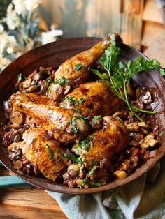 Marcus Wareing caramelises garlicky chicken on the barbecue before coating it in a rich bacon, button mushroom and red wine sauce.