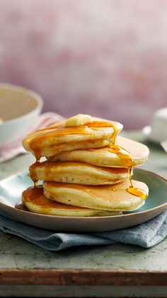 A stack of fluffy American pancakes with drizzled maple syrup and butter. Sweet, Instagram, Food And Drink