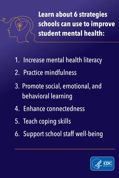 Adolescent mental health has been worsening for more than a decade, and schools are at the forefront for action. To help school and district leaders build on what they are already doing to promote students’ mental health—and find new strategies to fill in gaps—CDC released a mental health action guide. Click to explore the guide and find ways to put each strategy into action.

#CDCMentalHealth #MentalHealth #YouthMentalHealth #TeenHealth #HealthEd #SchoolHealth Action, Promotion, Youth, Adolescence, Student, Mental, Students, School, Teen Health