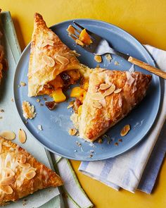 A plate with a pastry split open to reveal the filling of chopped peaches and dates. Pie, Dessert, Peach Turnovers, Slices Recipes, Turnovers, Toasted Almonds, What To Cook