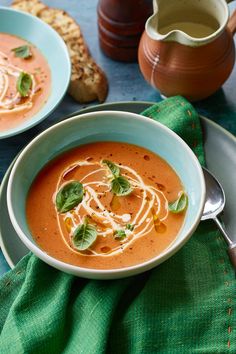 A bowl of tomato soup with a drizzle of cream and basil leaves. Soup Recipes, Tomato Soup, Slow Cooker, Tomato Soup Recipes, Basil Soup Recipe, Quick Tomato Soup, Creamy Tomato Soup, Vegetable Dishes, Vegetable Puree