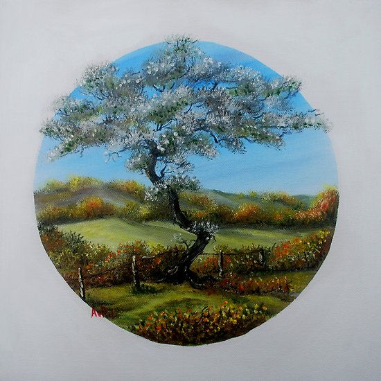 The Fairy Tree-oil paintng by Avril Brand.Tradition claimed that ringforts were fairy forts imbued w/ Druids magic & believers in the fairies did not alter them. The early pre-Celtic inhabitants of Ireland (Tuatha Dé Danann and Fir Bolg) came to be seen as mythical & were associated with stories of fairies, a.k.a the Good People.