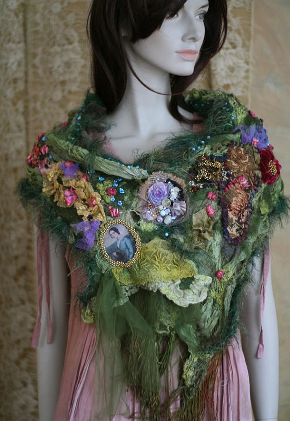 English Garden - extravagant shabby chic shawl, textile art collage, hand embroidery+beading by FleurBonheur