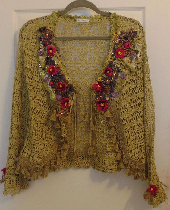 Romantic Spring Crochet Cardigan Wearable Art Victorian Silk