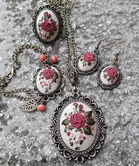 embroidery necklace, necklace, pendant, necklace for women, embroidery jewelry, floral necklace, mothers gift, bridesmaid gifts, embroidered flower, mothers day gift, handmade necklace, wedding gift, bridesmaid gift HANDMADE EMBROIDERY NECKLACE-BRACELET-EARINGS, AND RING SET (There are