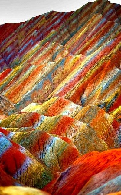 View of colourful rock formations at the Zhangye Danxia Landform Geological Park in Gansu , China