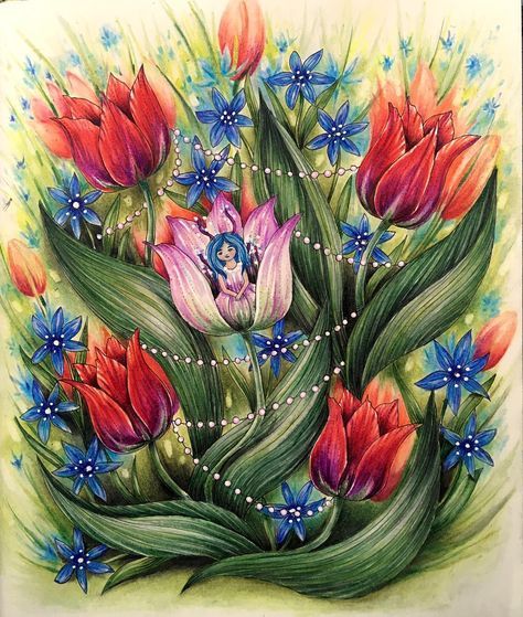 #mariatrolle #coloringforadults #adultcoloringbook #coloringhobby #skymningstimman #tulips #prismacolor