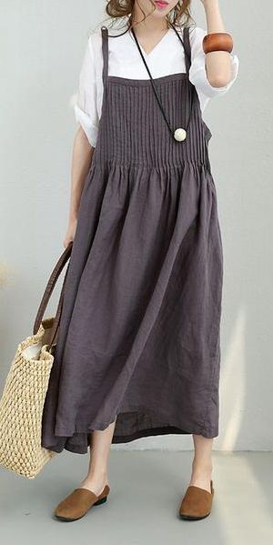 SUMMER A LINE LOOSE LINEN SUSPENDER DRESSES WOMEN CLOTHES877