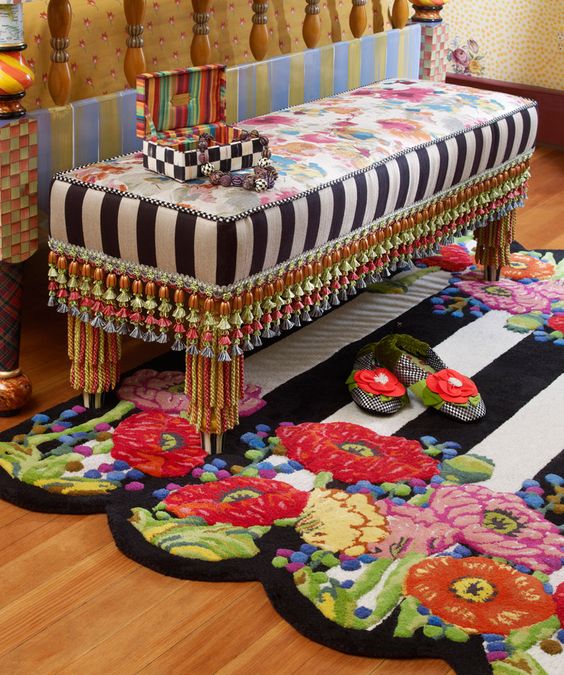 Technicolor Benches are named for the saturated levels of color found in the fabrics and trims. Great accent pieces!