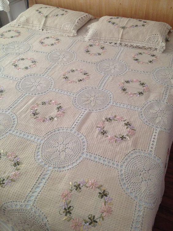 Sale Cottage chic hand crochet ribbon embroidery bedspread bed cover with 2 pillow shams #CheapBedSheets