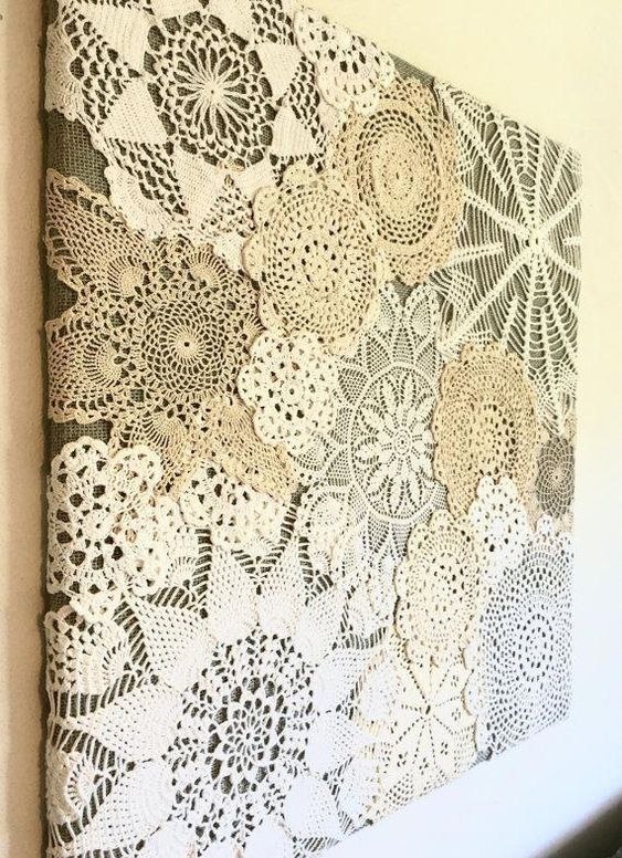 This one of a kind doily collage will add vintage charm to your home! Made with ... #ChicModernHomeDecor