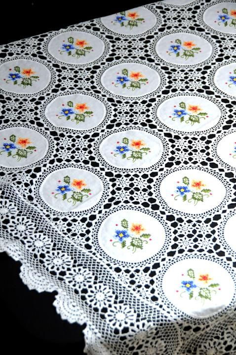 Color Patchwork X-Stitch Embroidered Table Cloth 68x104 Inch  Accent Linens