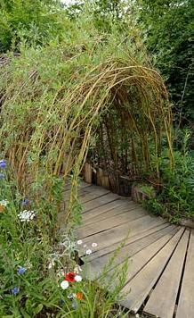 Living willow tunnel with wooden pathway        We have a living Willow "house" at our Library in the Children's Garden....this one is lovely too.