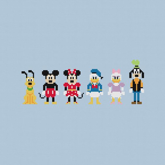 Disney Mickey & Friends (Pluto, Mickey Mouse, Minnie Mouse, Donald Duck, Daisy Duck, Goofy) inspired cross stitch pattern PDF instant download includes: Full color, easy-to-read chart with color symbols and DMC thread legend Bonus: Cross-stitching Basics PDF