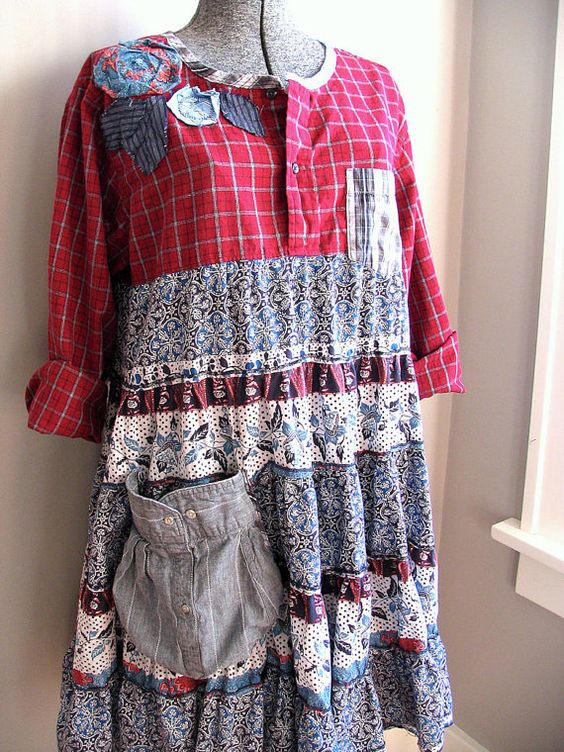 RESERVED FOR CUSTOMER Upcycled Clothing, Upcycled Dress, Red Plaid Babydoll Dress, Shabby Funky Boho Chic, Prairie Clothing, Loose Fit Dress (Diy Clothes Refashion)