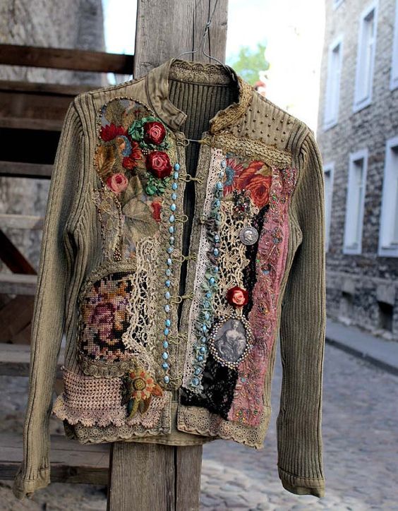 The time traveller II -- reworked cotton jacket, wearable art, hand embroidered and beaded details,