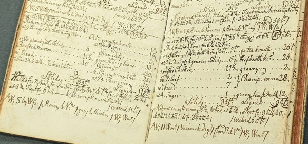 Detail of a photograph of an open book with handwritten log entries.