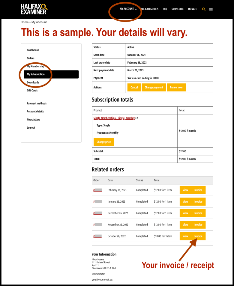 A screenshot of the invoice Receipt page for a purchased subscription. There is an arrow in the bottom right corner pointing to the invoice button to download an invoice.