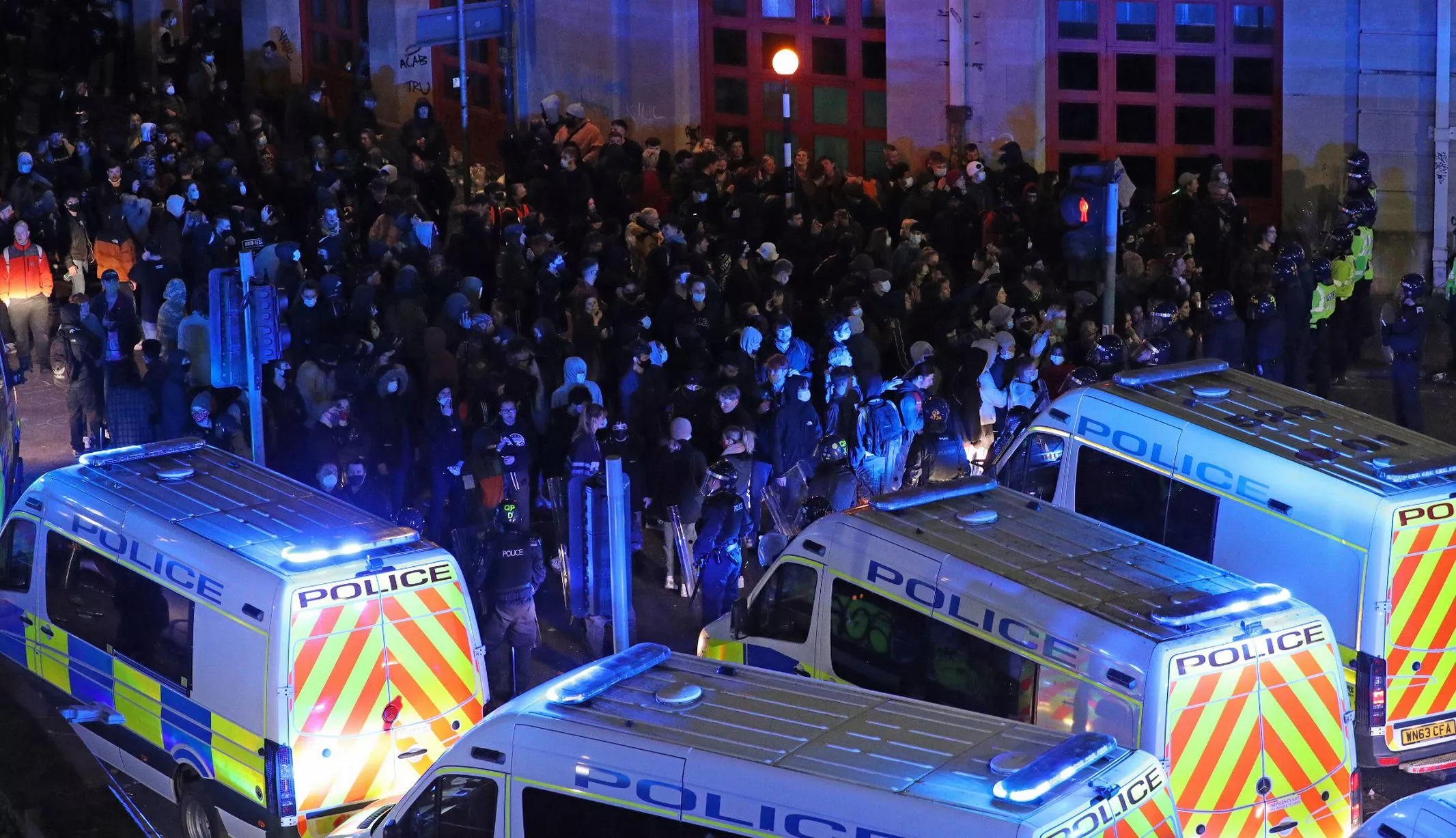 Protesters in front of Bridewell Police Station during the riot of March 21