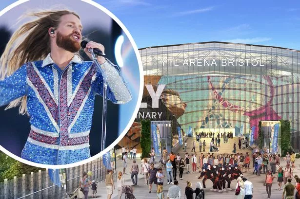 Sam Ryder, the UK's representative for Eurovision in 2022, against a background of an artist's impression of what the Bristol Arena could look like