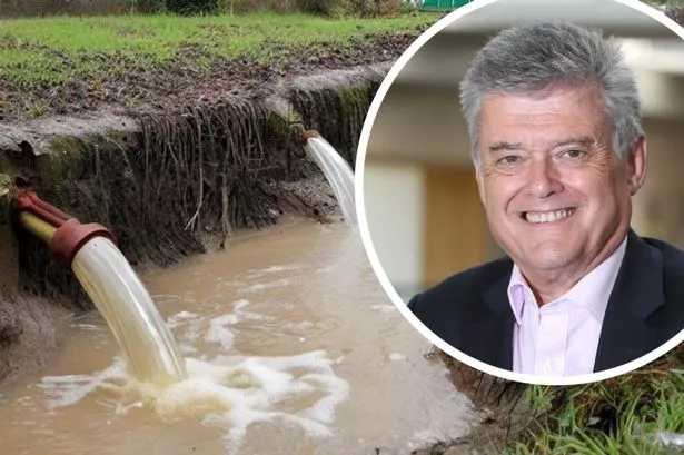 A general image of a storm outflow system into a river with, inset, Colin Skellett, the chief executive of Wessex Water