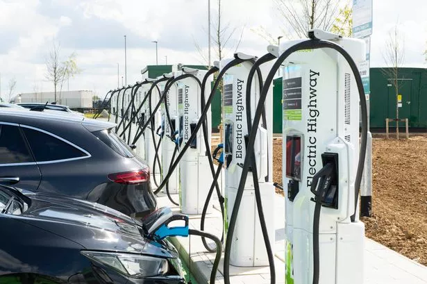 General views at the launch of the UK's largest high power motorway electric vehicle charging site, which features 24 high-powered 350kW EV chargers provided by GRIDSERVE, Ecotricity and Tesla at Moto's new Rugby Services