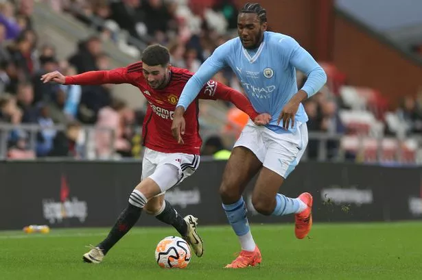 LEIGH, ENGLAND - APRIL 23: Ruben Curley of Manchester United in action during the U18 Premier League Cup Final match between Manchester United U18 and Manchester City U18 at Leigh Sports Village on April 23, 2024 in Leigh, England. (Photo by John Peters/Manchester United via Getty Images)