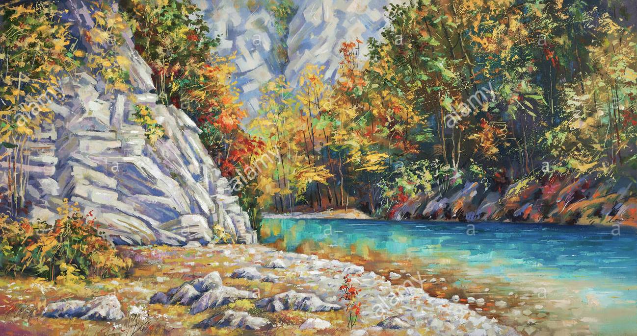 late autumn on the river khosta mountain landscape of sochi national park painting canvas oil author