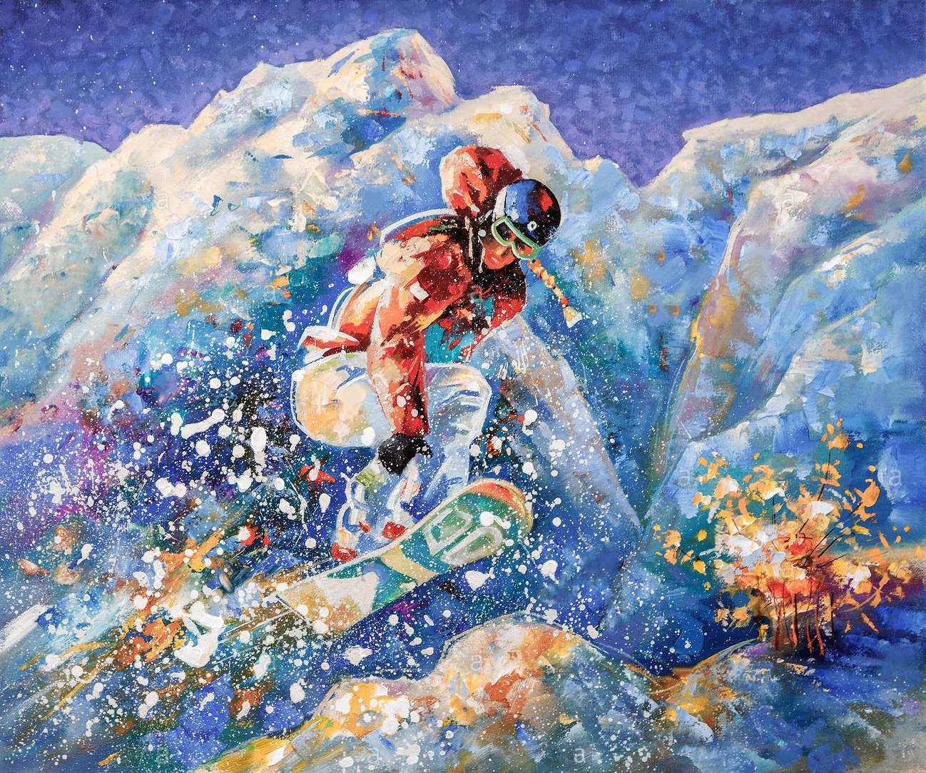 artwork girl snowboarder conquers mountain peaks author nikolay sivenkov PD1PKM