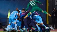 San Marino's players celebrate scoring against Denmark in October 2023