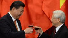 2015年，中国国家主席习近平（左）与越南共产党总书记阮富仲在河内举行正式会谈后举杯