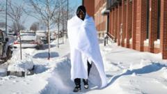 Diamani Glo bundles up in a blanket as he walks in -12 degree weather on January 14, 2024, in Des Moines, Iowa