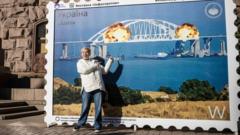 Рисунок с горящим Крымским мостом выставили около здания мэрии Киева на Крещатике