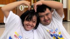 Children with Down's syndrome gather in Graha Pandawa, Yogyakarta, Indonesia, to take part in the 2023 Down syndrome day celebration in March 2023