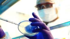 Scientist examining a petri dish in a lab