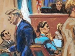 Дональд Трамп в суде по иску Джин Кэрролл (рисунок из зала суда)