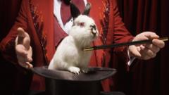 A rabbit is pulled from a magician's hat