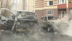 Сгоревшие машины в Донцке